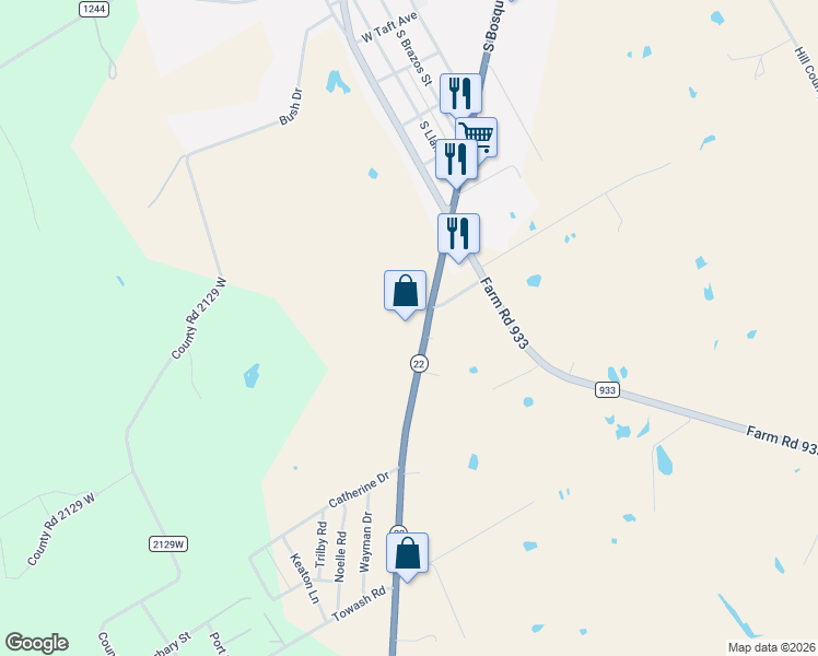 map of restaurants, bars, coffee shops, grocery stores, and more near 1579 E State Highway 22 in Whitney
