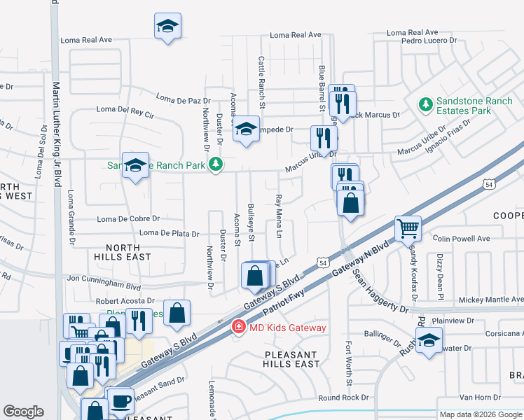 map of restaurants, bars, coffee shops, grocery stores, and more near 11032 Bullseye Street in El Paso