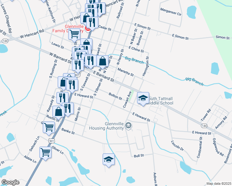 map of restaurants, bars, coffee shops, grocery stores, and more near 114 Baker Street in Glennville
