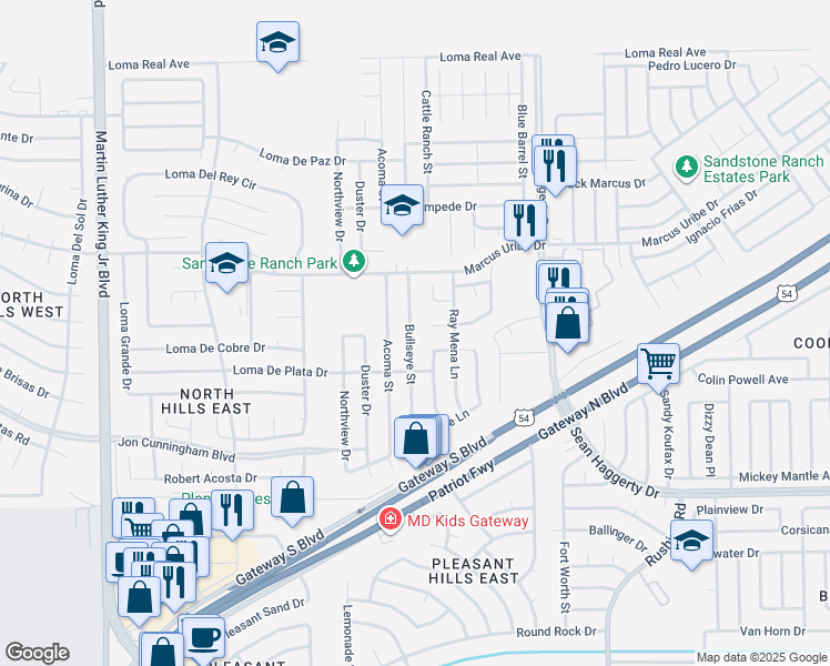map of restaurants, bars, coffee shops, grocery stores, and more near 11032 Bullseye Street in El Paso