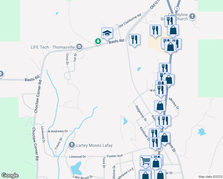 map of restaurants, bars, coffee shops, grocery stores, and more near 1639 Bashi Road in Thomasville