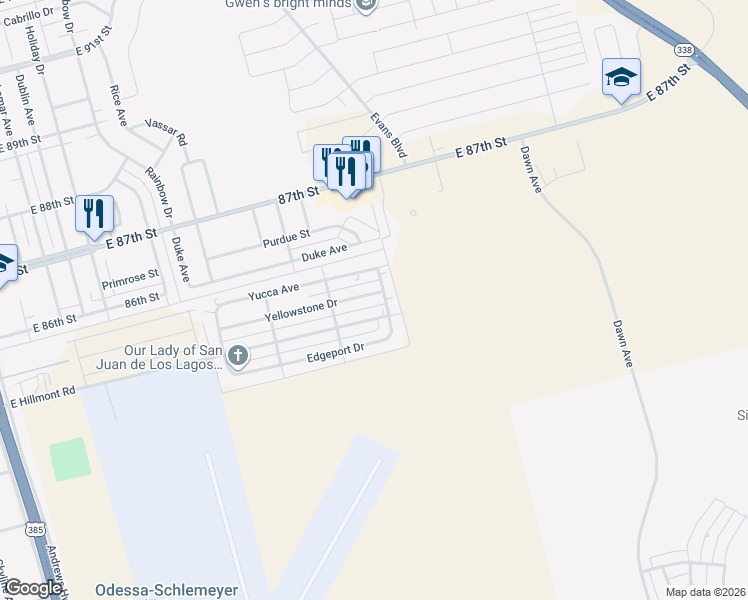 map of restaurants, bars, coffee shops, grocery stores, and more near 1118 Yellowstone Dr in Odessa