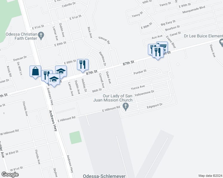 map of restaurants, bars, coffee shops, grocery stores, and more near 604 Duke Avenue in Odessa