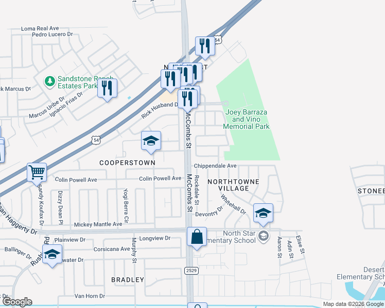 map of restaurants, bars, coffee shops, grocery stores, and more near 5800 Redstone Pass Court in El Paso