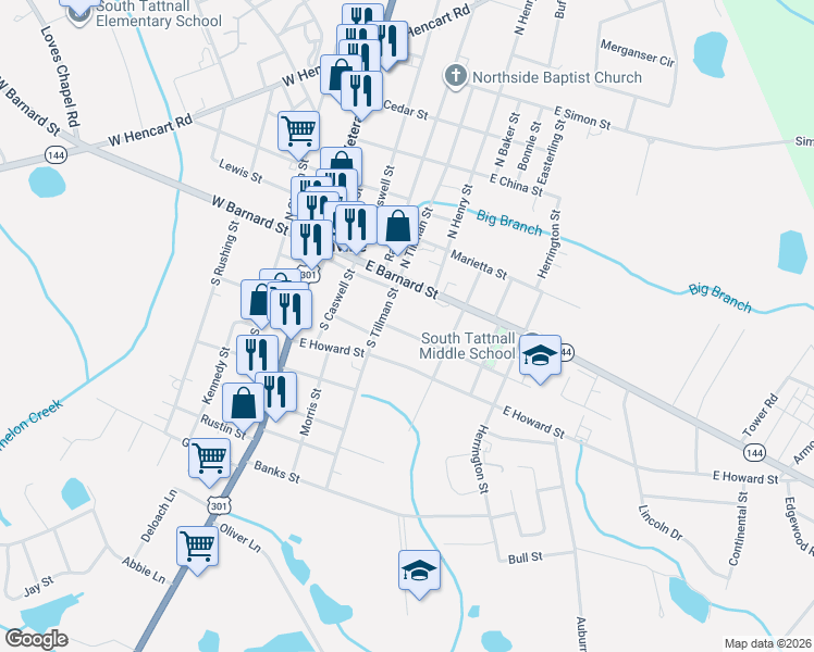 map of restaurants, bars, coffee shops, grocery stores, and more near 111 South Tillman Street in Glennville