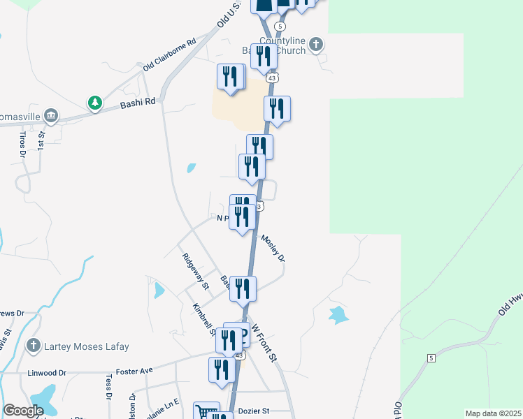 map of restaurants, bars, coffee shops, grocery stores, and more near 33882 U.S. 43 in Thomasville