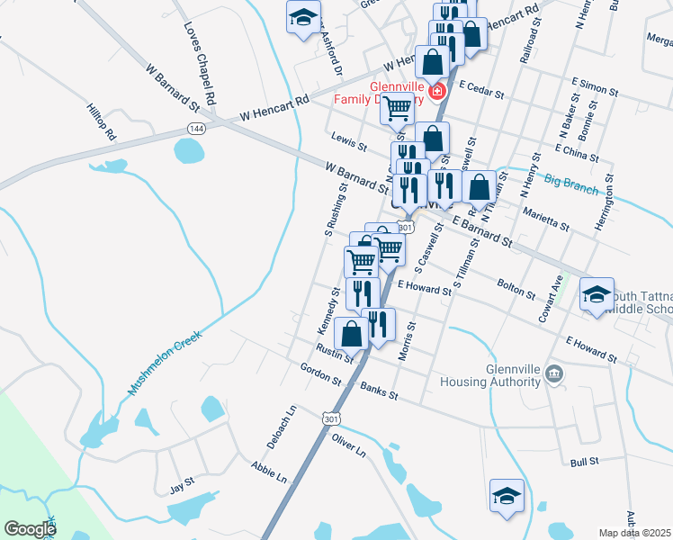 map of restaurants, bars, coffee shops, grocery stores, and more near 408 West Mendell Avenue in Glennville