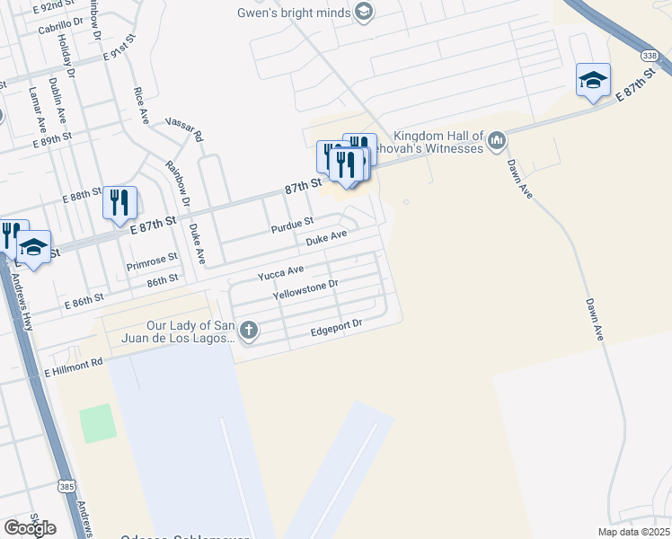 map of restaurants, bars, coffee shops, grocery stores, and more near 1102 Yucca Avenue in Odessa