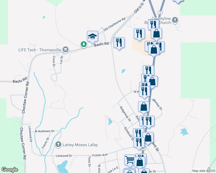map of restaurants, bars, coffee shops, grocery stores, and more near 1639 Bashi Road in Thomasville