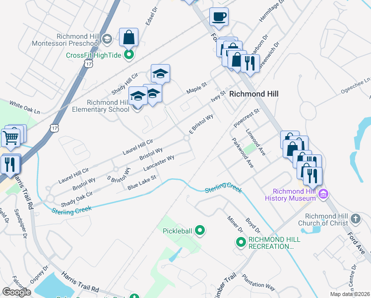 map of restaurants, bars, coffee shops, grocery stores, and more near 343 Lancaster Way in Richmond Hill