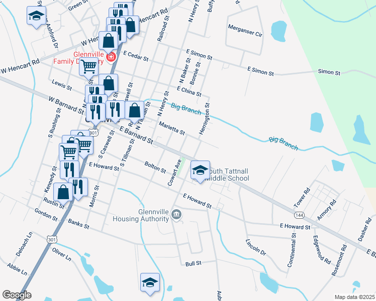map of restaurants, bars, coffee shops, grocery stores, and more near 603 Marietta Street in Glennville