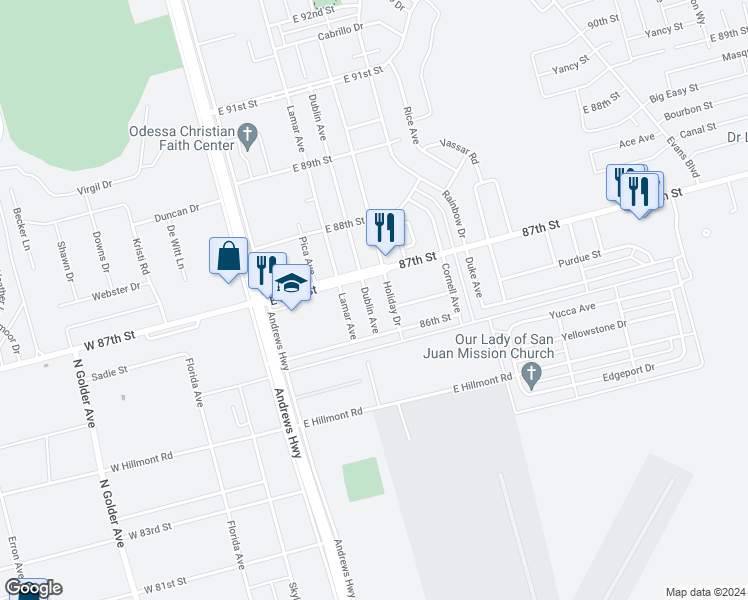 map of restaurants, bars, coffee shops, grocery stores, and more near 8626 Dublin Avenue in Odessa