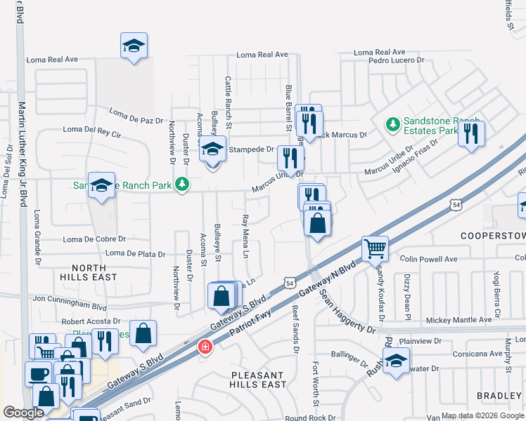 map of restaurants, bars, coffee shops, grocery stores, and more near 5060 Silver Cholla Lane in El Paso