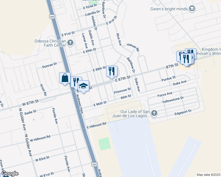 map of restaurants, bars, coffee shops, grocery stores, and more near 8631 Holiday Drive in Odessa