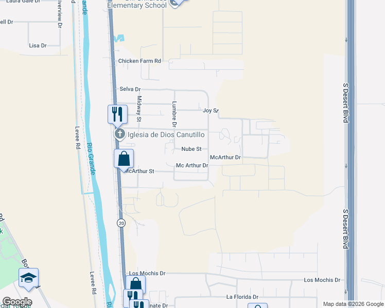 map of restaurants, bars, coffee shops, grocery stores, and more near 341 Nube Street in Canutillo
