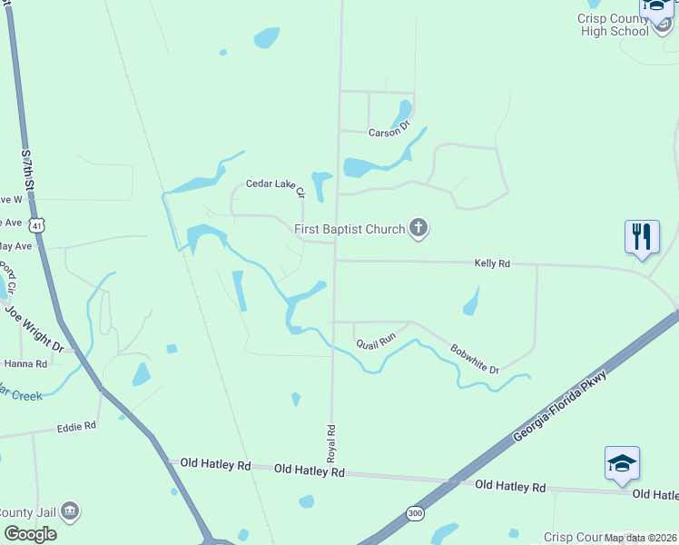 map of restaurants, bars, coffee shops, grocery stores, and more near 2115 Royal Road in Cordele