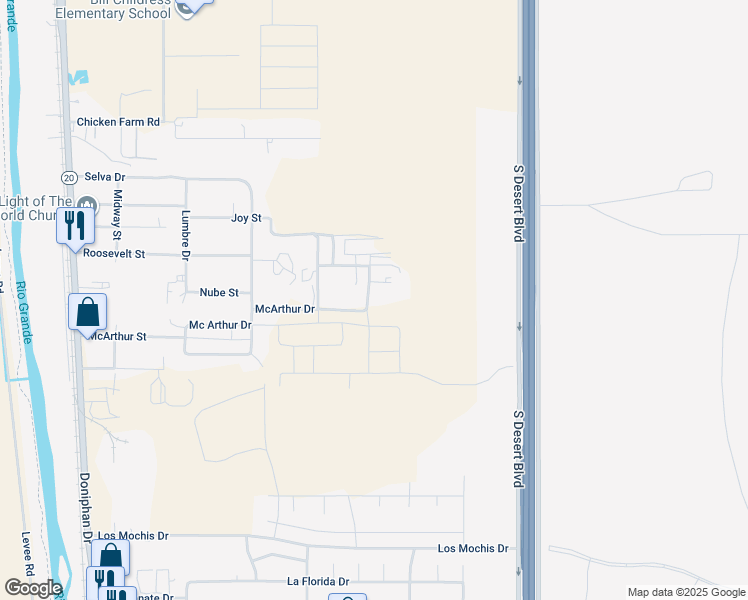 map of restaurants, bars, coffee shops, grocery stores, and more near 7510 Mendoza Road in Canutillo