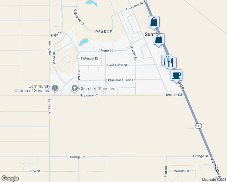 map of restaurants, bars, coffee shops, grocery stores, and more near 1109 Treasure Road in Cochise County