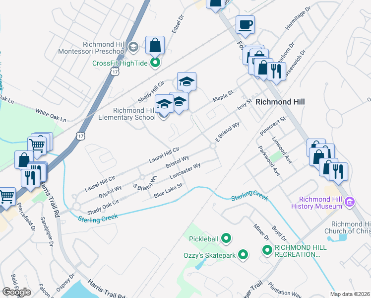 map of restaurants, bars, coffee shops, grocery stores, and more near 819 Laurel Hill Circle in Richmond Hill