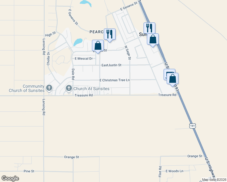 map of restaurants, bars, coffee shops, grocery stores, and more near 1109 Treasure Road in Cochise County