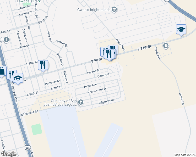 map of restaurants, bars, coffee shops, grocery stores, and more near 808 Duke Avenue in Odessa