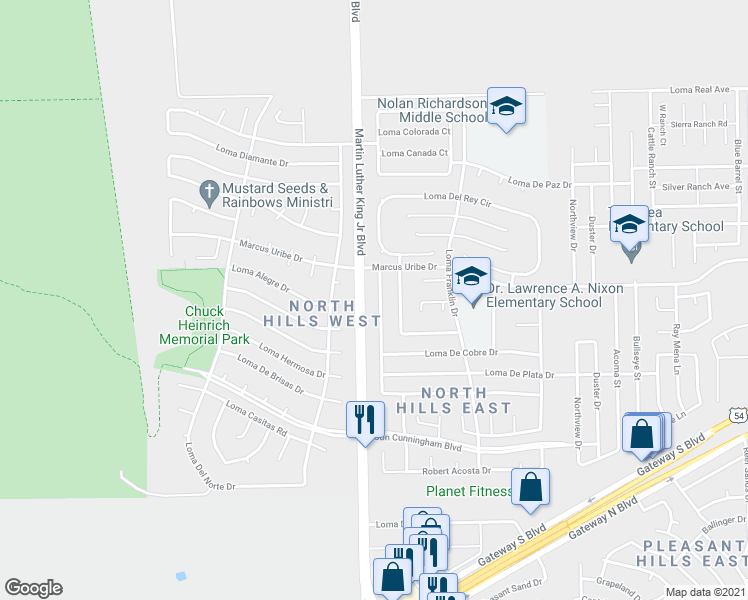 map of restaurants, bars, coffee shops, grocery stores, and more near 11153 Loma Grande Drive in El Paso