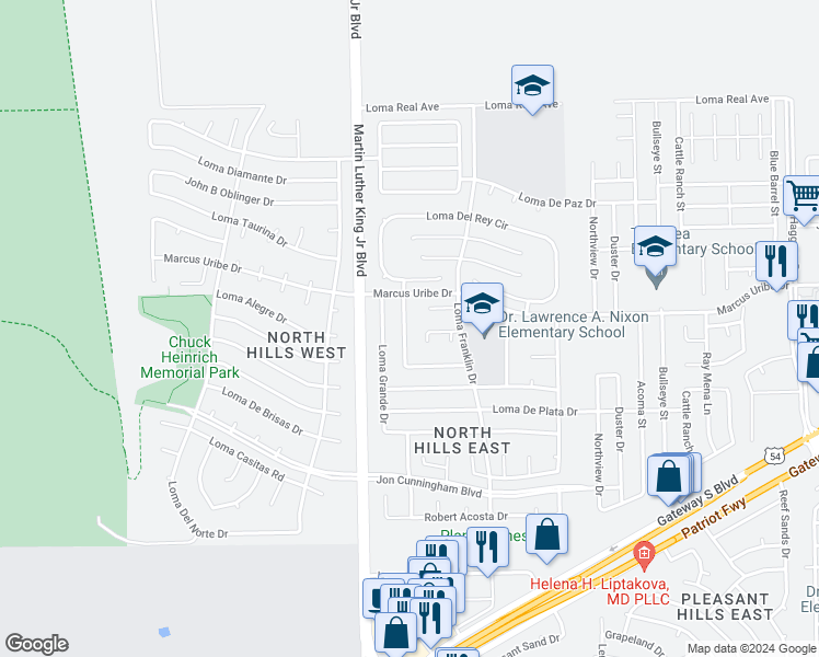 map of restaurants, bars, coffee shops, grocery stores, and more near 11136 Loma Escondida Drive in El Paso