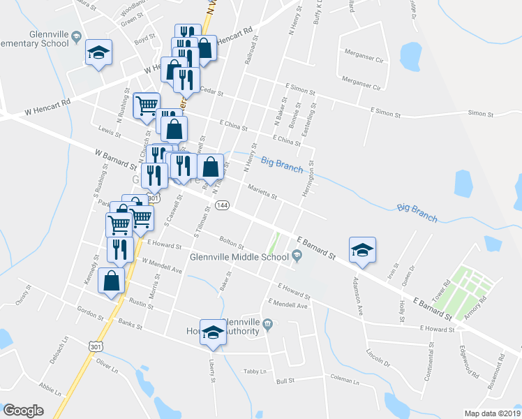 map of restaurants, bars, coffee shops, grocery stores, and more near 103 North Baker Street in Glennville