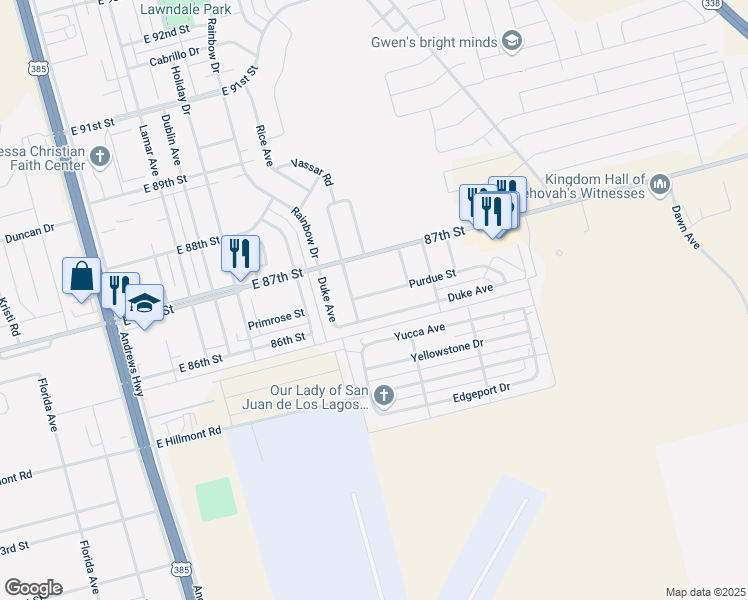map of restaurants, bars, coffee shops, grocery stores, and more near 648 Purdue Street in Odessa