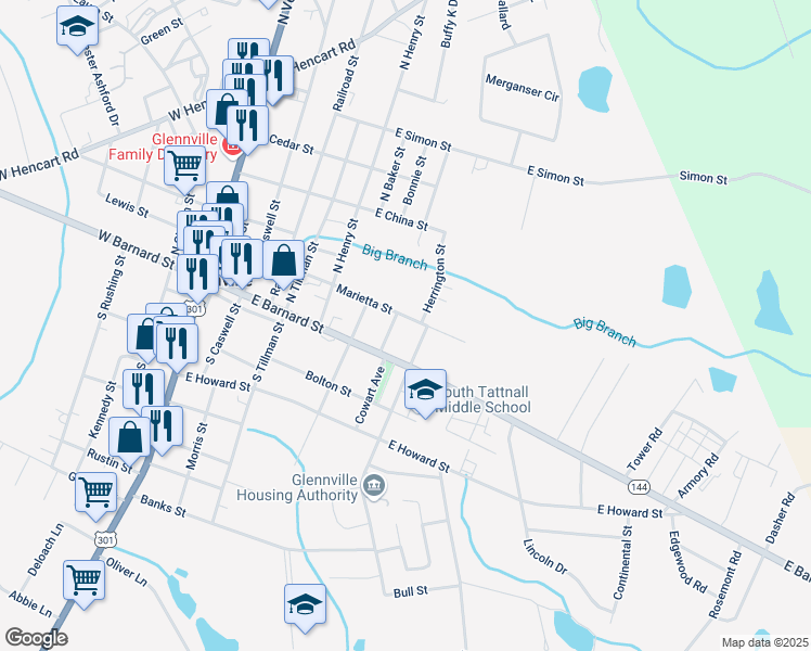 map of restaurants, bars, coffee shops, grocery stores, and more near 603 Marietta Street in Glennville