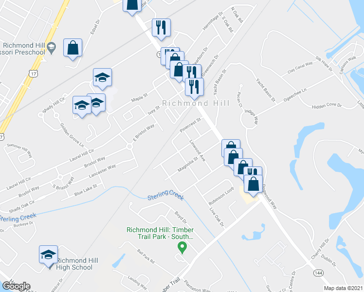 map of restaurants, bars, coffee shops, grocery stores, and more near 184 Mimosa Street in Richmond Hill