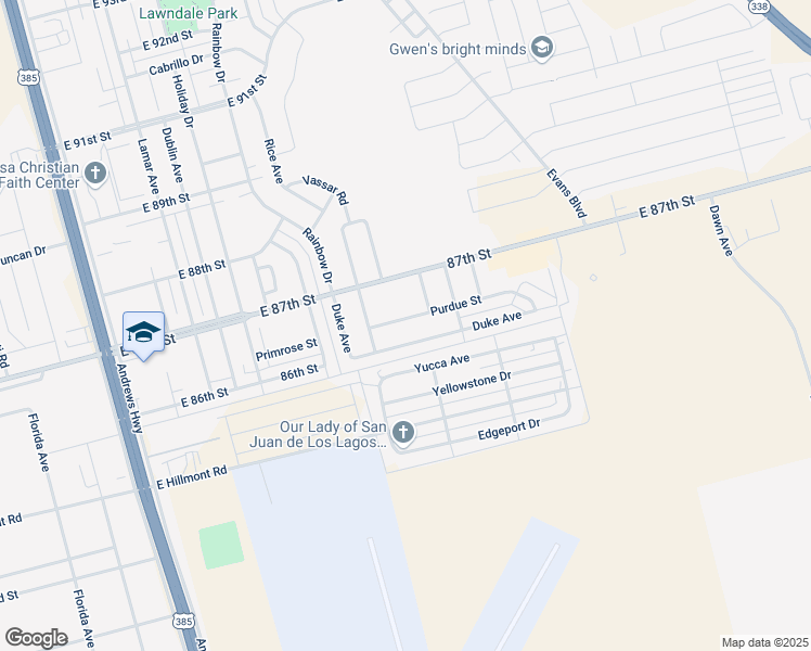 map of restaurants, bars, coffee shops, grocery stores, and more near 648 Purdue Street in Odessa