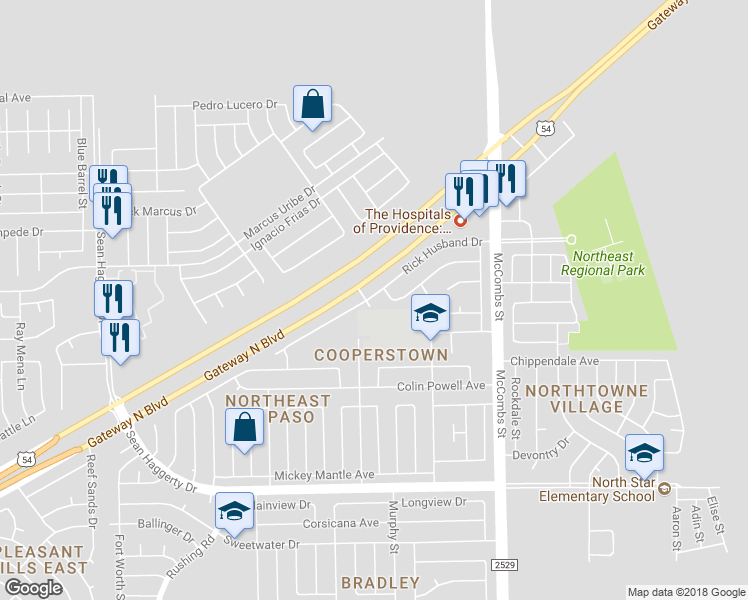 map of restaurants, bars, coffee shops, grocery stores, and more near 5564 Explorer Court in El Paso