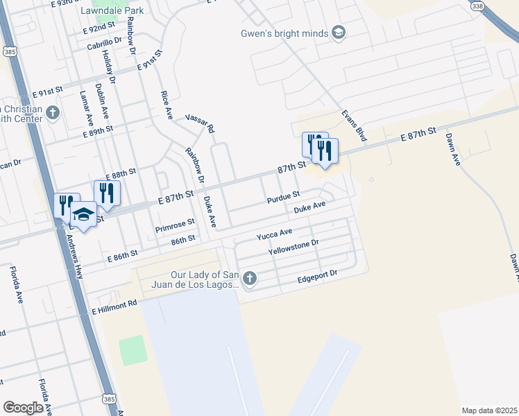 map of restaurants, bars, coffee shops, grocery stores, and more near 705 Duke Avenue in Odessa