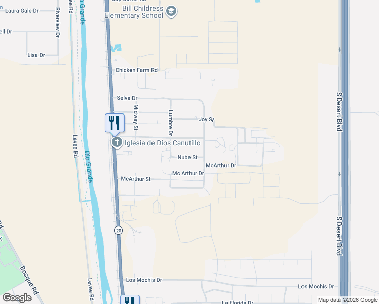 map of restaurants, bars, coffee shops, grocery stores, and more near 341 Nube Street in Canutillo