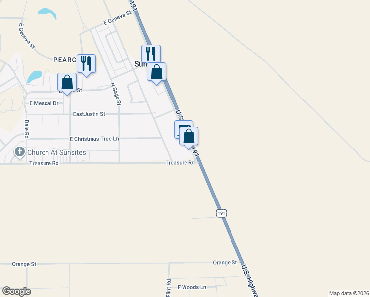 map of restaurants, bars, coffee shops, grocery stores, and more near 109 North Frontage Road in Cochise County