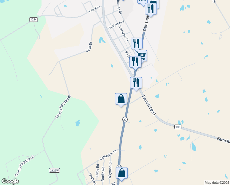 map of restaurants, bars, coffee shops, grocery stores, and more near 1579 E State Highway 22 in Whitney