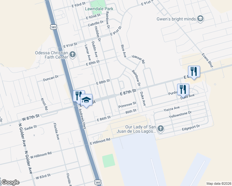 map of restaurants, bars, coffee shops, grocery stores, and more near 8714 Holiday Drive in Odessa