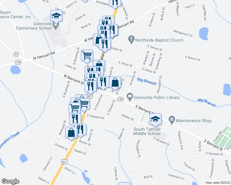 map of restaurants, bars, coffee shops, grocery stores, and more near 110 North Tillman Street in Glennville