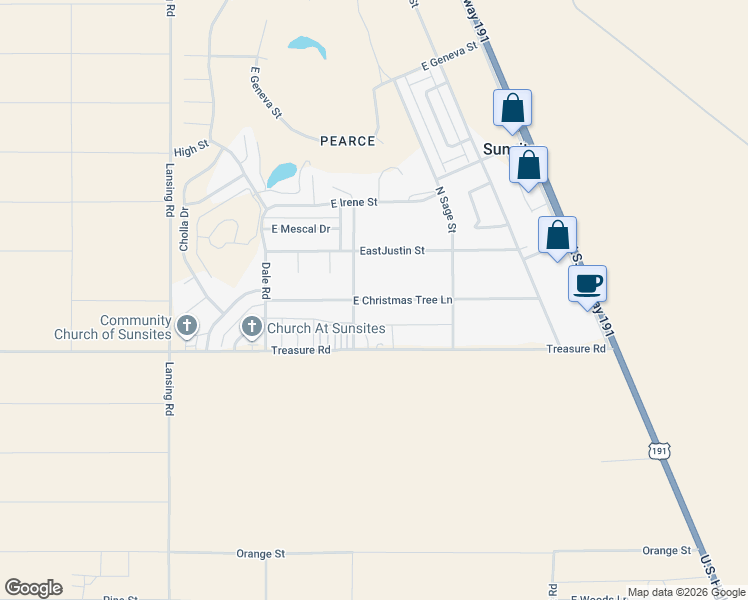 map of restaurants, bars, coffee shops, grocery stores, and more near East Christmas Tree Lane in Cochise County