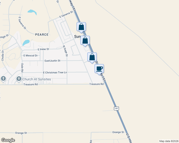 map of restaurants, bars, coffee shops, grocery stores, and more near 110 North Ford Street in Cochise County