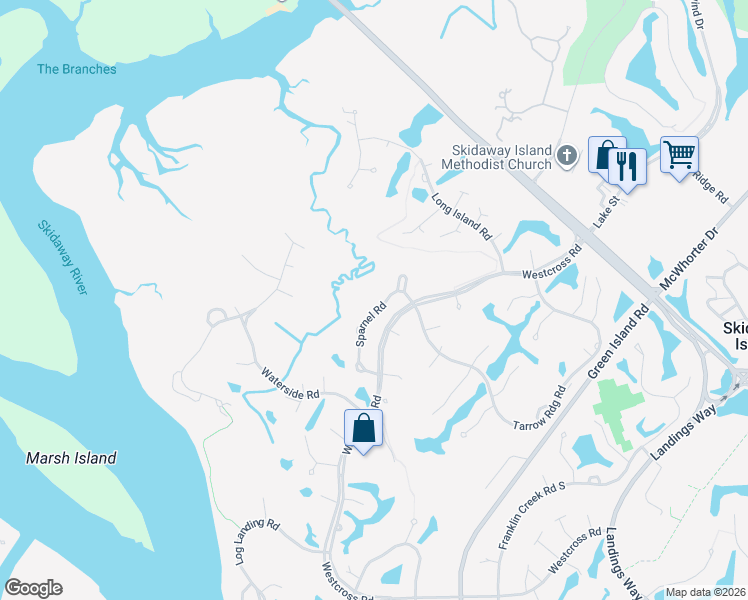 map of restaurants, bars, coffee shops, grocery stores, and more near 9 Shearwater Court in Savannah