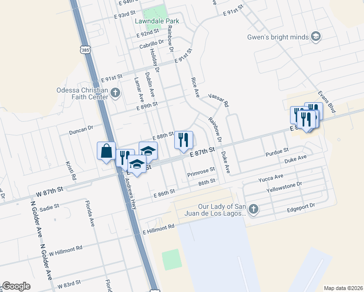 map of restaurants, bars, coffee shops, grocery stores, and more near 8714-8718 Holiday Drive in Odessa