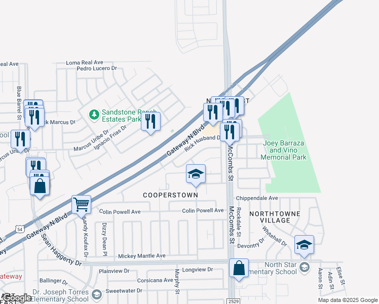 map of restaurants, bars, coffee shops, grocery stores, and more near 5661 Rick Husband Drive in El Paso