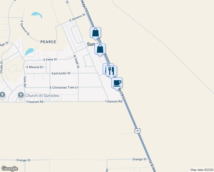 map of restaurants, bars, coffee shops, grocery stores, and more near 123 North Frontage Road in Cochise County