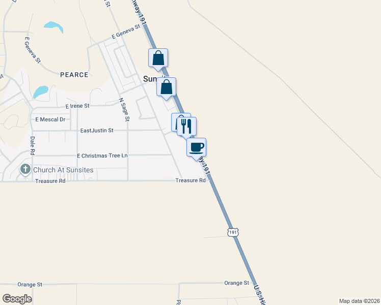 map of restaurants, bars, coffee shops, grocery stores, and more near 123 North Frontage Road in Cochise County