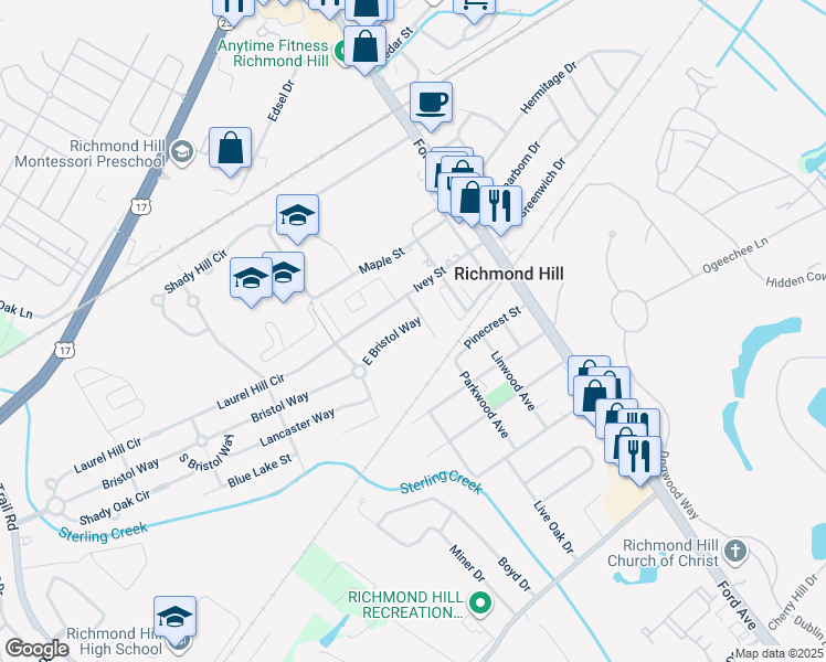 map of restaurants, bars, coffee shops, grocery stores, and more near 762 East Bristol Way in Richmond Hill