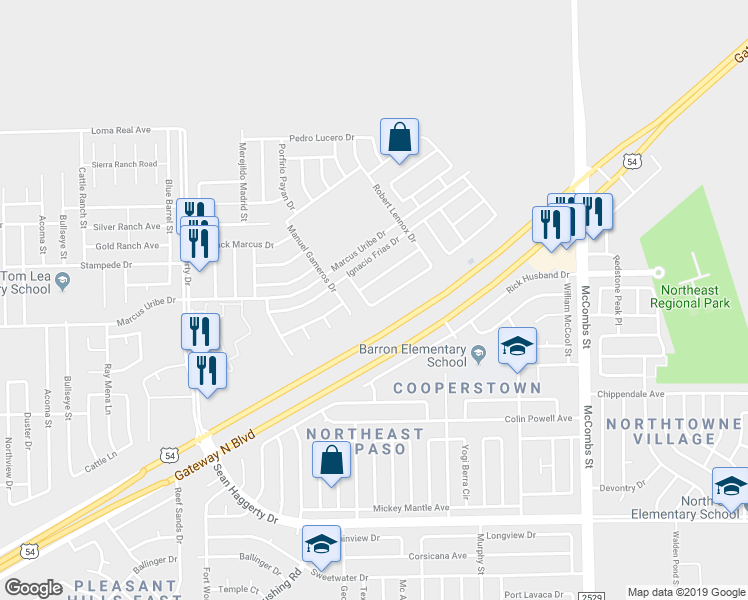 map of restaurants, bars, coffee shops, grocery stores, and more near 5440 Santiago Roque Drive in El Paso
