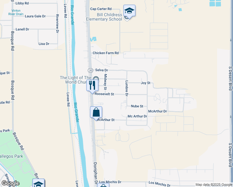 map of restaurants, bars, coffee shops, grocery stores, and more near 271 Roosevelt Street in Canutillo