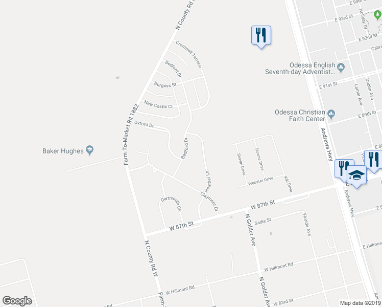 map of restaurants, bars, coffee shops, grocery stores, and more near 9118 Bedford Drive in Odessa